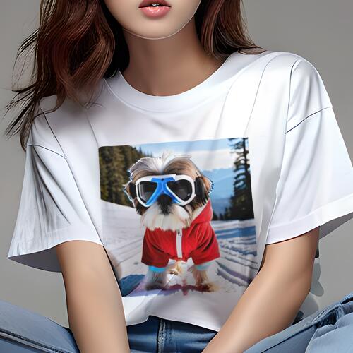 シーズー Tシャツ 犬愛 ユニークデザインレディース 犬ファン 半袖 春夏 プリント カジュアル かわいい 人間用 ギフト 個性的 スキー シーズー 雪 冬 スキーウェア