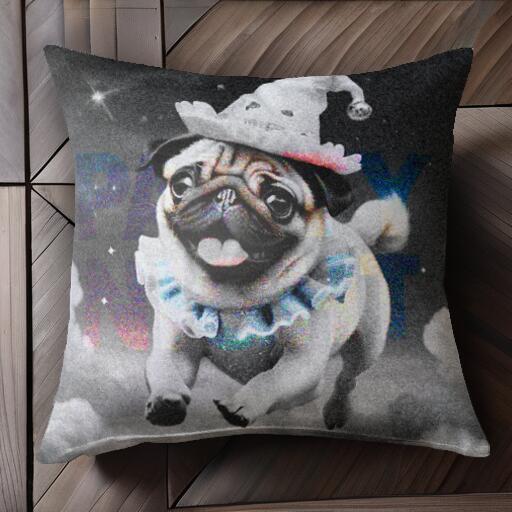 帽子 パグ クラウン 星 雲 クッションカバー 45×45cm アニマル柄 おしゃれ 可愛い クッション本体付き 正方形