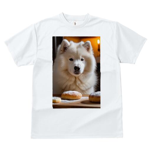 サモエド Tシャツ 犬愛 ユニークデザインレディース 犬ファン 半袖 春夏 プリント カジュアル かわいい 人間用 ギフト 個性的 パン サモエド 焼き菓子 デザート