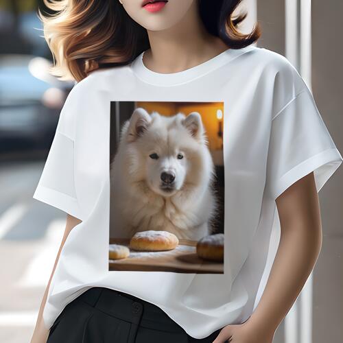 サモエド Tシャツ 犬愛 ユニークデザインレディース 犬ファン 半袖 春夏 プリント カジュアル かわいい 人間用 ギフト 個性的 パン サモエド 焼き菓子 デザート
