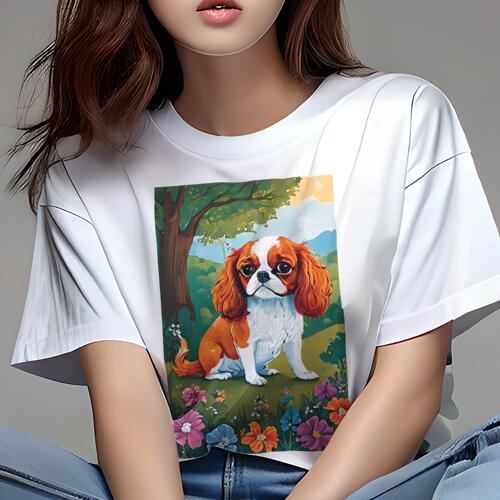 キャバリア Tシャツ 犬愛 ユニークデザインレディース 犬ファン 半袖 春夏 プリント カジュアル かわいい 人間用 ギフト 個性的 花 キャバリア 自然 木 風景
