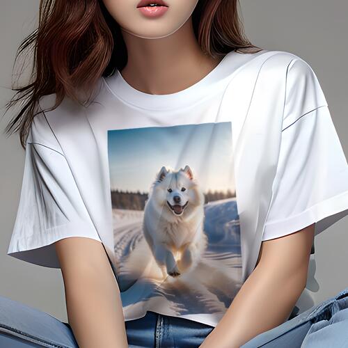 サモエド Tシャツ 犬愛 ユニークデザインレディース 犬ファン 半袖 春夏 プリント カジュアル かわいい 人間用 ギフト 個性的 雪 サモエド 冬 道路 風景