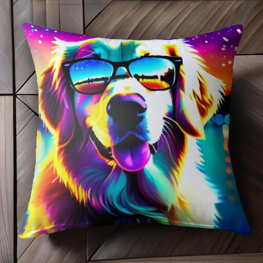 サングラス ゴールデンレトリバー 反射 夜景 湖 クッションカバー 45×45cm アニマル柄 おしゃれ 可愛い クッション本体付き 正方形