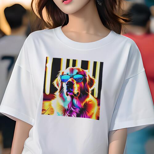 ゴールデンレトリバー Tシャツ 犬愛 ユニークデザインレディース 犬ファン 半袖 春夏 プリント カジュアル かわいい 人間用 ギフト 個性的 サングラス ゴールデンレトリバー ネオン