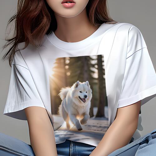 サモエド Tシャツ 犬愛 ユニークデザインレディース 犬ファン 半袖 春夏 プリント カジュアル かわいい 人間用 ギフト 個性的 雪 サモエド 冬 太陽 光