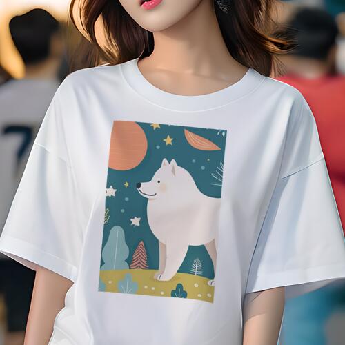 サモエド Tシャツ 犬愛 ユニークデザインレディース 犬ファン 半袖 春夏 プリント カジュアル かわいい 人間用 ギフト 個性的 月 サモエド 星 木 自然