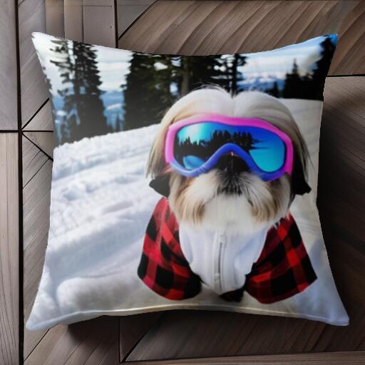スキー シーズー 雪 冬 山 クッションカバー 45×45cm アニマル柄 おしゃれ 可愛い クッション本體付き 正方形