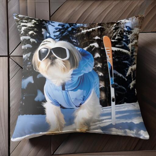 スキー シーズー 冬 雪 スキーウェア クッションカバー 45×45cm アニマル柄 おしゃれ 可愛い クッショ..