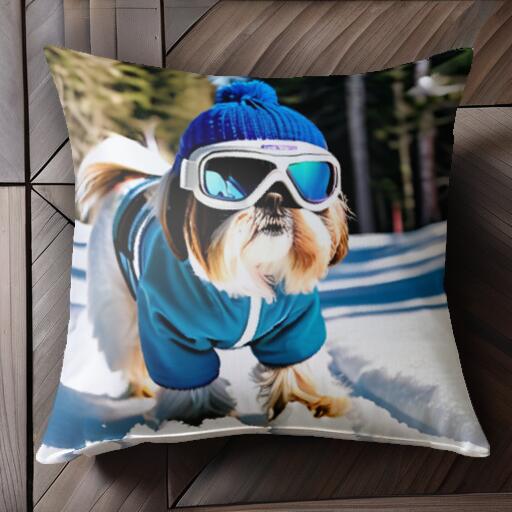 スキー シーズー 帽子 ゴーグル 雪 クッションカバー 45×45cm アニマル柄 おしゃれ 可愛い クッション..