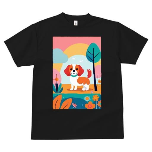 キャバリア Tシャツ 犬愛 ユニークデザインメンズ キッズ 犬ファン 半袖 春夏 プリント カジュアル かわいい 人間用 ギフト 個性的 木 キャバリア 花 空 雲