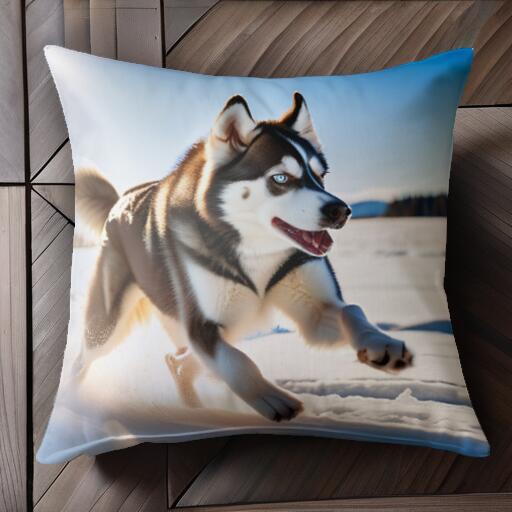 雪 シベリアンハスキー 冬 太陽 クッションカバー 45×45cm アニマル柄 おしゃれ 可愛い クッション本体付き 正方形