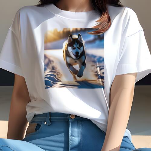 シベリアンハスキー Tシャツ 犬愛 ユニークデザインレディース 犬ファン 半袖 春夏 プリント カジュアル かわいい 人間用 ギフト 個性的 雪 シベリアンハスキー 冬 太陽