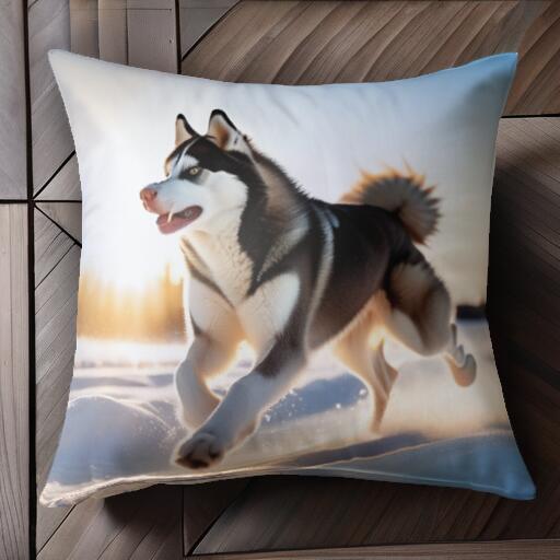 雪 シベリアンハスキー 冬 雪原 太陽 クッションカバー 45×45cm アニマル柄 おしゃれ 可愛い クッション本体付き 正方形