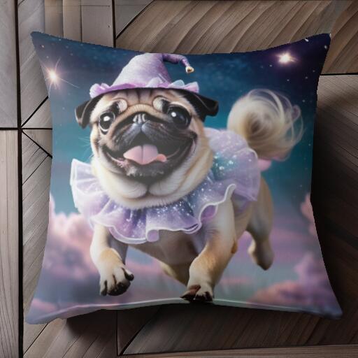 帽子 パグ 星 雲 クッションカバー 45×45cm アニマル柄 おしゃれ 可愛い クッション本体付き 正方形