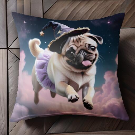 魔法使い パグ 雲 星 クッションカバー 45×45cm アニマル柄 おしゃれ 可愛い クッション本体付き 正方形