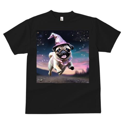 楽天フロントップ楽天市場店パグ Tシャツ 犬愛 ユニークデザインメンズ キッズ 犬ファン 半袖 春夏 プリント カジュアル かわいい 人間用 ギフト 個性的 魔法使い パグ 帽子 キラキラ