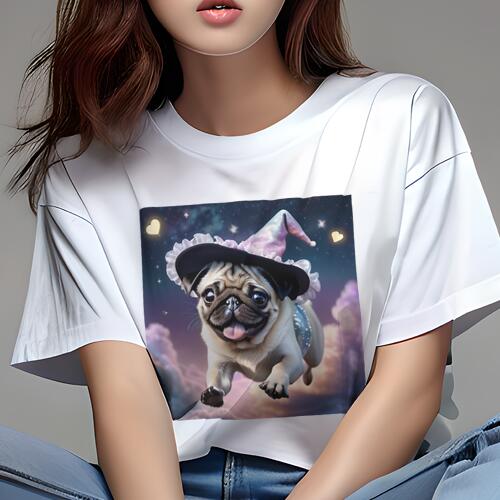 パグ Tシャツ 犬愛 ユニークデザインレディース 犬ファン 半袖 春夏 プリント カジュアル かわいい 人間用 ギフト 個性的 魔法使い パグ 帽子 星 雲