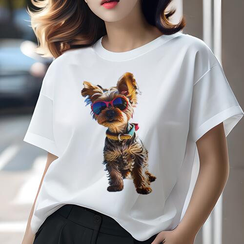 ヨークシャーテリア Tシャツ 犬愛 ユニークデザインレディース 犬ファン 半袖 春夏 プリント カジュアル かわいい 人間用 ギフト 個性的 サングラス ヨークシャーテリア 首輪