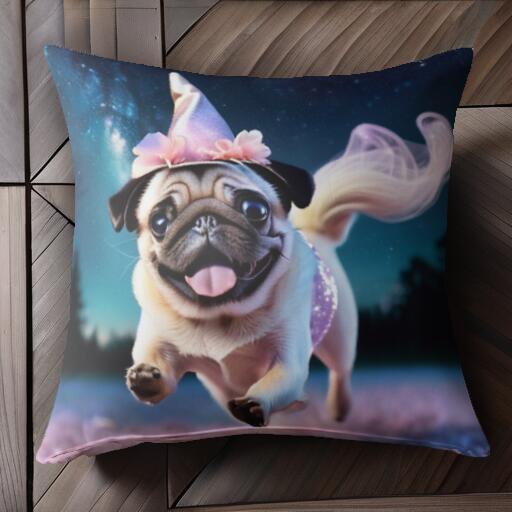 星空 パグ 帽子 花 クッションカバー 45×45cm アニマル柄 おしゃれ 可愛い クッション本体付き 正方形