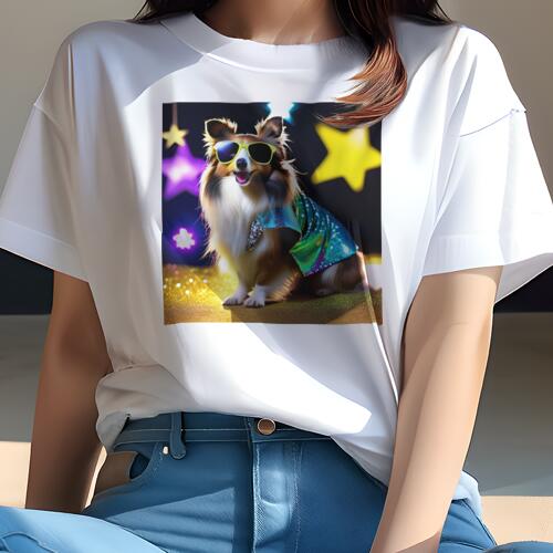 楽天フロントップ楽天市場店シェットランドシープドッグ Tシャツ 犬愛 ユニークデザインレディース 犬ファン 半袖 春夏 プリント カジュアル かわいい 人間用 ギフト 個性的 サングラス シェットランドシープドッグ スター キラキラ スパンコール