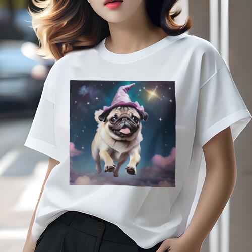 パグ Tシャツ 犬愛 ユニークデザインレディース 犬ファン 半袖 春夏 プリント カジュアル かわいい 人間用 ギフト 個性的 星空 パグ 魔法使いの帽子 雲