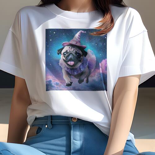 パグ Tシャツ 犬愛 ユニークデザインレディース 犬ファン 半袖 春夏 プリント カジュアル かわいい 人間用 ギフト 個性的 魔法使い パグ 星空 宇宙 雲(4)