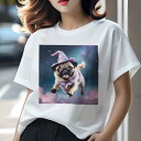 パグ Tシャツ 犬愛 ユニークデザインレディース 犬ファン 半袖 春夏 プリント カジュアル かわいい 人間用 ギフト 個性的 魔法使い パグ 帽子 星空 雲