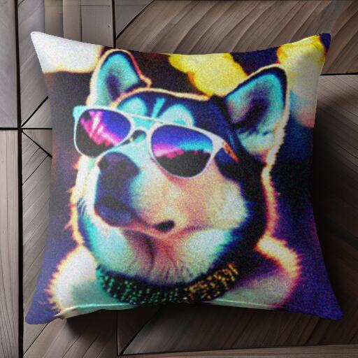 サングラス シベリアンハスキー ネオン ライト クッションカバー 45×45cm アニマル柄 おしゃれ 可愛い クッション本体付き 正方形