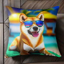 サングラス 柴犬 ビーチ 休暇 夏 クッションカバー 45×45cm アニマル柄 おしゃれ 可愛い クッション本体付き 正方形