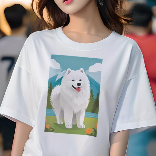 サモエド Tシャツ 犬愛 ユニークデザインレディース 犬ファン 半袖 春夏 プリント カジュアル かわいい 人間用 ギフト 個性的 山 サモエド 雲 花 自然