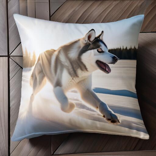 雪 シベリアンハスキー 冬 太陽 クッションカバー 45×45cm アニマル柄 おしゃれ 可愛い クッション本体..