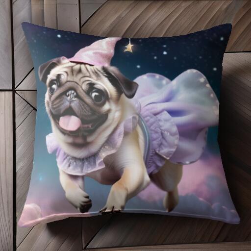 星 パグ 妖精 魔法使い クッションカバー 45×45cm アニマル柄 おしゃれ 可愛い クッション本体付き 正方形