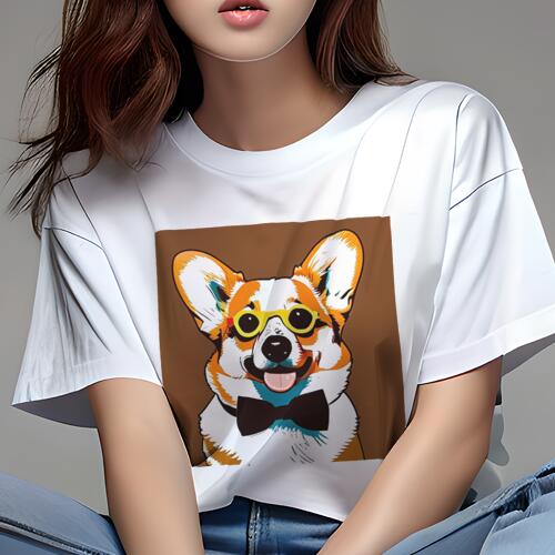 コーギー Tシャツ 犬愛 ユニークデザインレディース 犬ファン 半袖 春夏 プリント カジュアル かわいい 人間用 ギフト 個性的 メガネ コーギー 蝶ネクタイ