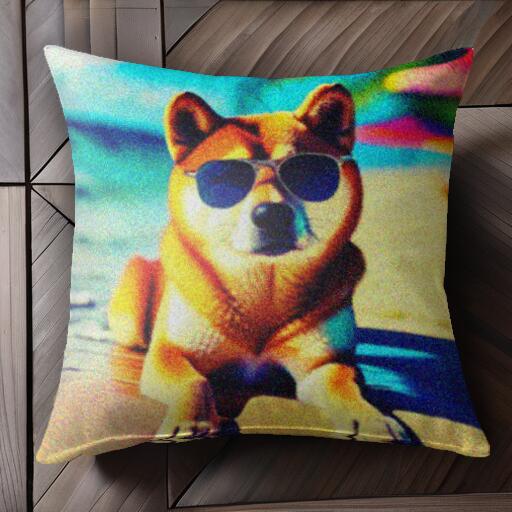 サングラス 柴犬 ビーチ クッションカバー 45×45cm アニマル柄 おしゃれ 可愛い クッション本体付き 正方形