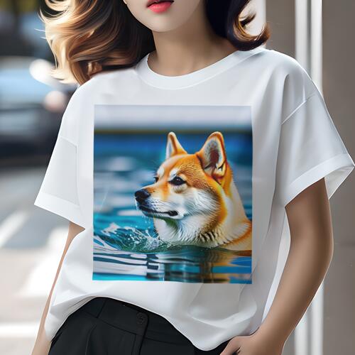 柴犬 Tシャツ 犬愛 ユニークデザインレディース 犬ファン 半袖 春夏 プリント カジュアル かわいい 人間用 ギフト 個性的 水 柴犬 水面 水しぶき