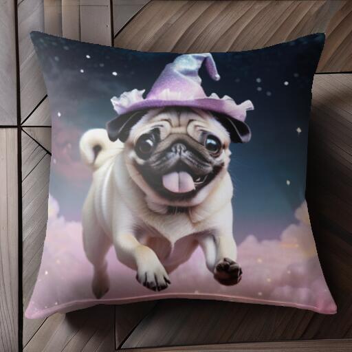 魔法使い パグ 帽子 星空 雲 クッションカバー 45×45cm アニマル柄 おしゃれ 可愛い クッション本体付..