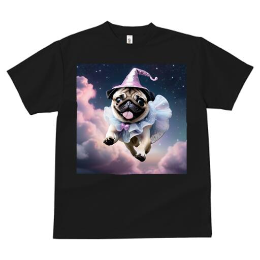 パグ Tシャツ 犬愛 ユニークデザインレディース 犬ファン 半袖 春夏 プリント カジュアル かわいい 人間用 ギフト 個性的 魔法使い パグ 帽子 星空 雲