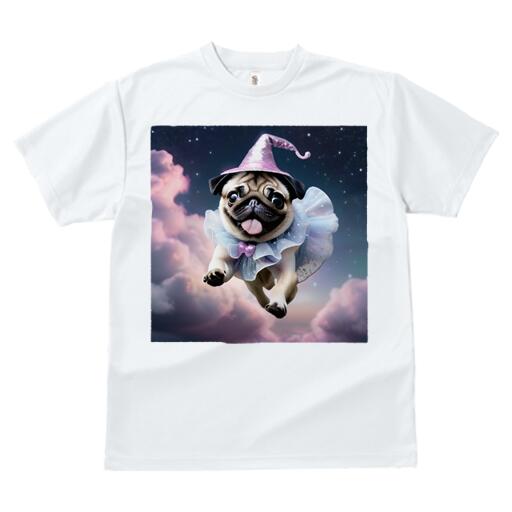 パグ Tシャツ 犬愛 ユニークデザインレディース 犬ファン 半袖 春夏 プリント カジュアル かわいい 人間用 ギフト 個性的 魔法使い パグ 帽子 星空 雲