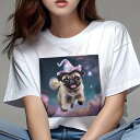パグ Tシャツ 犬愛 ユニークデザインレディース 犬ファン 半袖 春夏 プリント 大人カジュアル かわいい 人間用 ギフト 個性的 猛暑対策 魔法使い パグ 帽子 星 雲