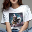ジャーマンシェパード Tシャツ 犬愛 ユニークデザインレディース 犬ファン 半袖 春夏 プリント 大人カジュアル かわいい 人間用 ギフト 個性的 猛暑対策 魔法使いの帽子 ジャーマンシェパード 星空 雲