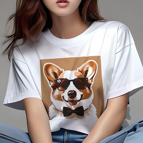 コーギー Tシャツ 犬愛 ユニークデザインレディース 犬ファン 半袖 春夏 プリント 大人カジュアル かわいい 人間用 ギフト 個性的 猛暑対策 サングラス コーギー 蝶ネクタイ