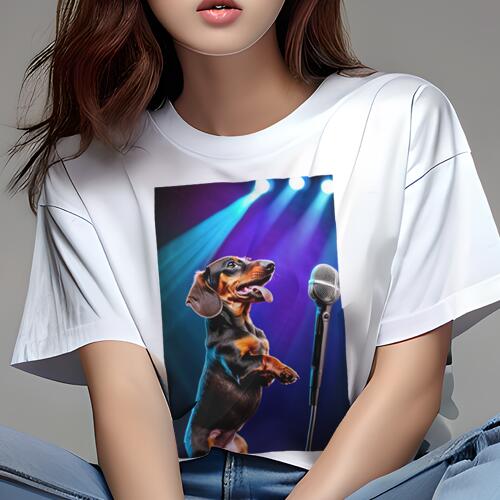 ダックスフンド Tシャツ 犬愛 ユニークデザインレディース 犬ファン 半袖 春夏 プリント 大人カジュアル かわいい 人間用 ギフト 個性的 猛暑対策 マイク ダックスフンド ステージ 照明
