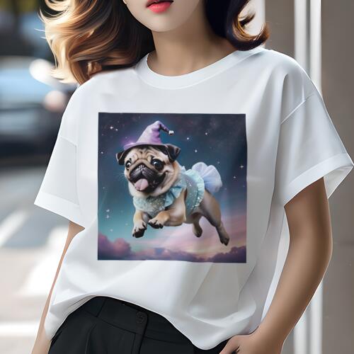 パグ Tシャツ 犬愛 ユニークデザインレディース 犬ファン 半袖 春夏 プリント 大人カジュアル かわいい 人間用 ギフト 個性的 猛暑対策 魔法使い パグ 星空 チュチュ