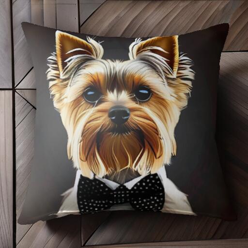 蝶ネクタイ ヨークシャーテリア シャツ クッションカバー 45×45cm アニマル柄 おしゃれ 可愛い クッション本体付き 正方形