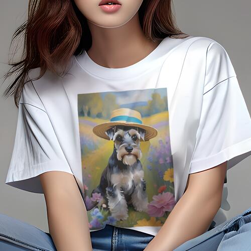 ミニチュアシュナウザー Tシャツ 犬愛 ユニークデザインレディース 犬ファン 半袖 春夏 プリント 大人カジュアル かわいい 人間用 ギフト 個性的 猛暑対策 帽子 ミニチュアシュナウザー 花 草原