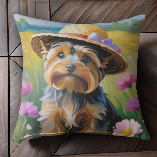 帽子 ヨークシャーテリア 花 草原 クッションカバー 45×45cm アニマル柄 おしゃれ 可愛い クッション本体付き 正方形