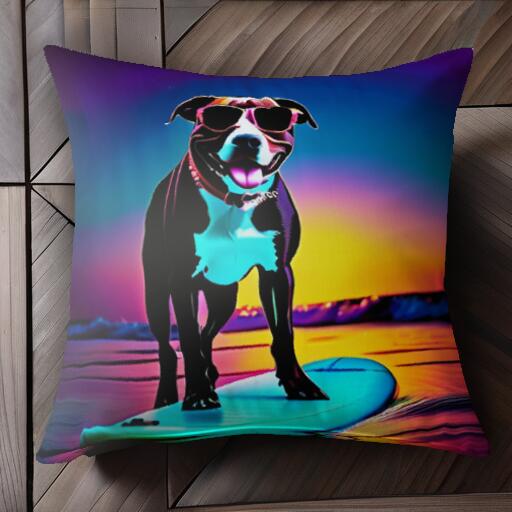 サーフィン アメリカンピットブルテリア 海 夕焼け サングラス クッションカバー 45×45cm アニマル柄 ..