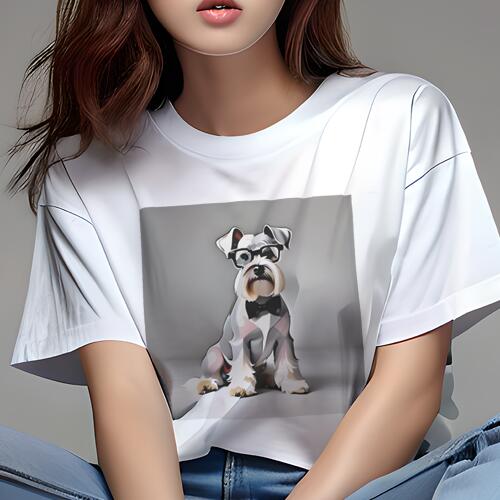ミニチュアシュナウザー Tシャツ 犬愛 ユニークデザインレディース 犬ファン 半袖 春夏 プリント 大人カジュアル かわいい 人間用 ギフト 個性的 猛暑対策 メガネ ミニチュアシュナウザー 蝶ネクタイ