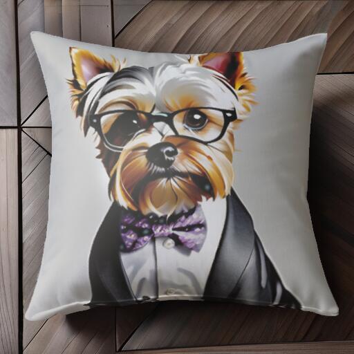 蝶ネクタイ ヨークシャーテリア スーツ 眼鏡 クッションカバー 45×45cm アニマル柄 おしゃれ 可愛い クッション本体付き 正方形