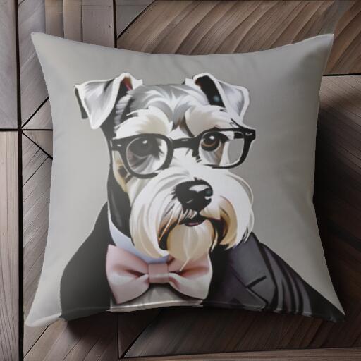 蝶ネクタイ ミニチュアシュナウザー スーツ 眼鏡 クッションカバー 45×45cm アニマル柄 おしゃれ 可愛い クッション本体付き 正方形